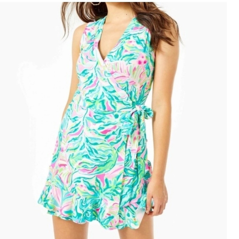 Lilly Pulitzer romper Womens Small Tropical Floral Wrap Ruffle Hem Pink